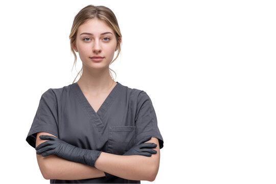 Confident young female nurse in scrubs arms crossed isolated on white background for medical or healthcare concepts