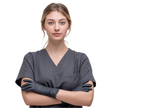 Confident young female nurse in scrubs arms crossed isolated on white background for medical or healthcare concepts