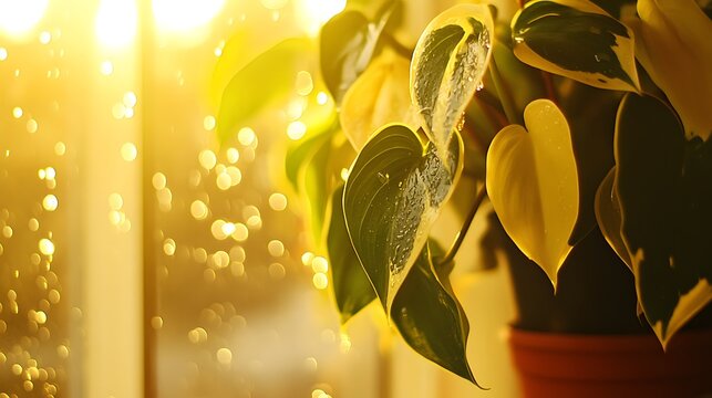 Golden Hour Plant Leaves Window Rain Drops