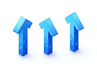 Three dimensional upward pointing arrows, light blue gradient, isometric style, with a slightly textured, digital, crystalline appearance