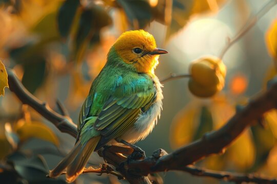 green and yellow bird on brown tree branch