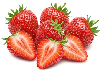 Several fresh strawberries and halved strawberries isolated on a white background