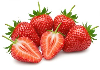 Group of fresh strawberries with two cut in half isolated on a white background