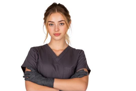 Young healthcare worker in scrubs isolated on transparent background