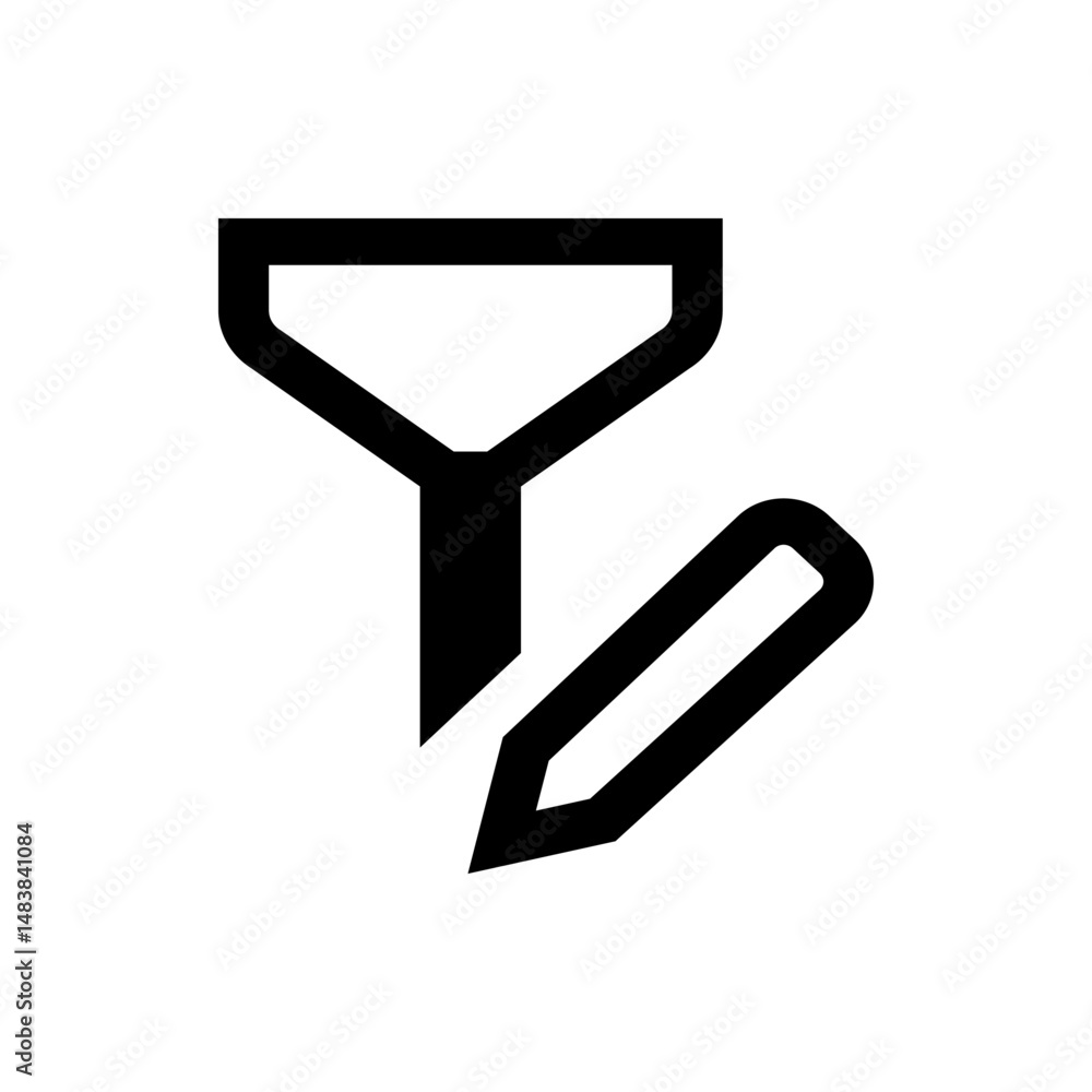 Poster black filter funnel icon with a pencil lying on its side on a white background in a simple vector st