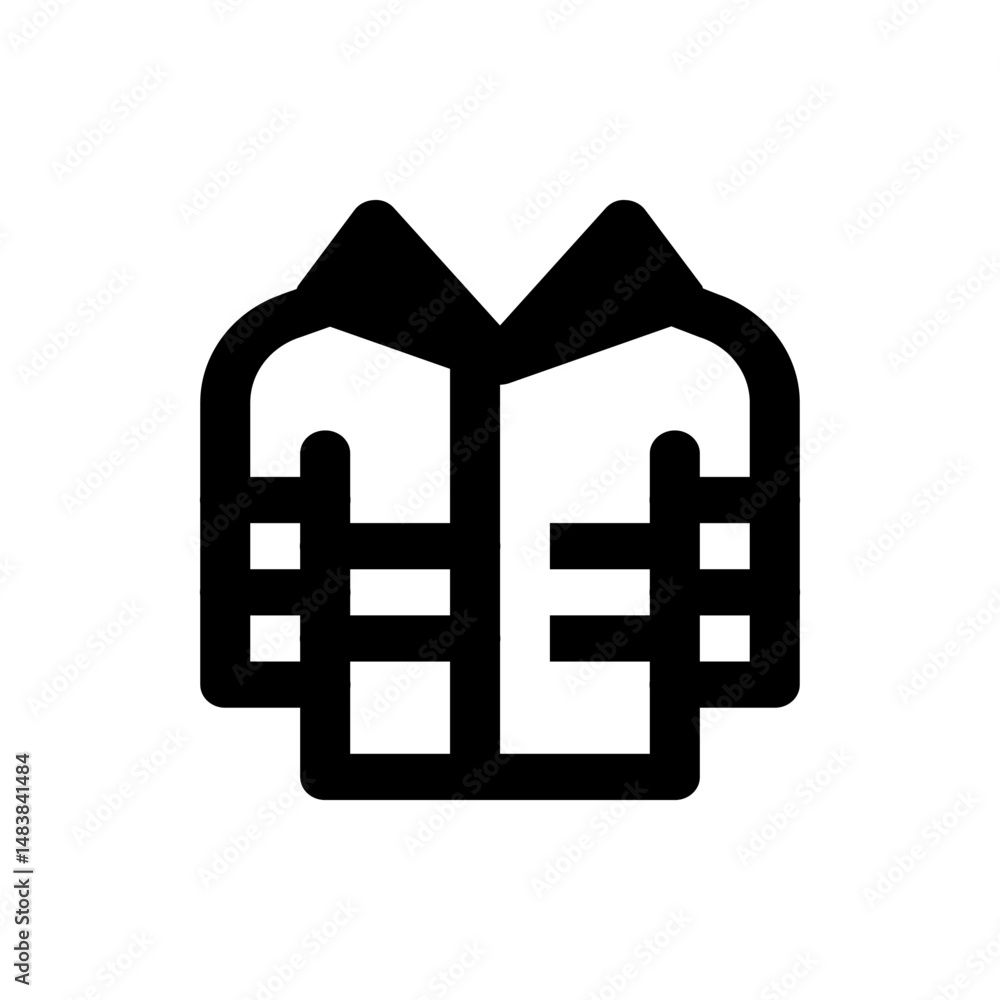 Poster stylized graphic representation of a black jacket with a unique design and bold lines on a white bac