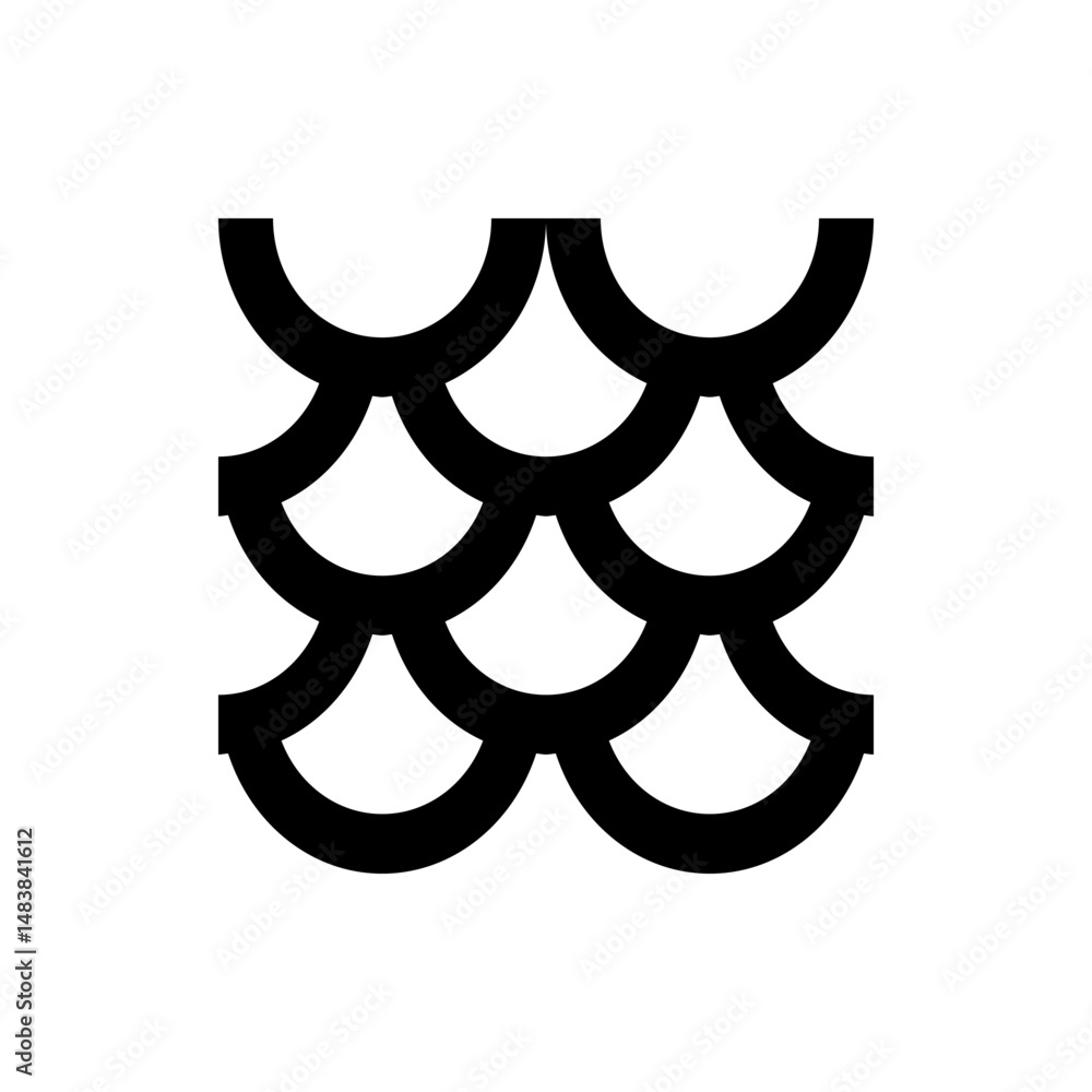 Poster illustration of a repetitive pattern of black semicircles arranged in an overlapping scale like desi