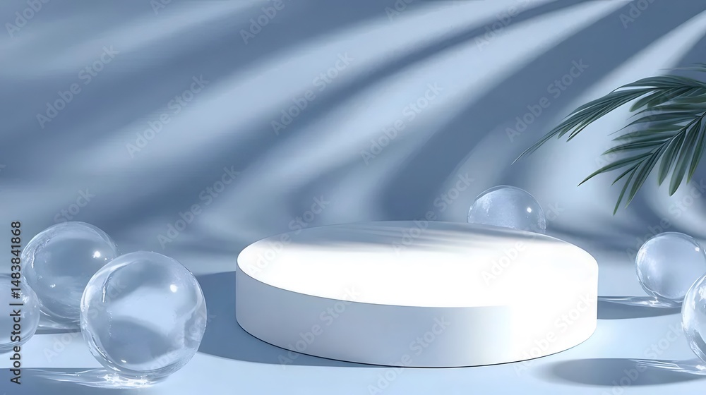 Aufkleber 水色の背景に白い円形の製品プラットフォーム 球体と葉の影を持つミニマリストデザイン