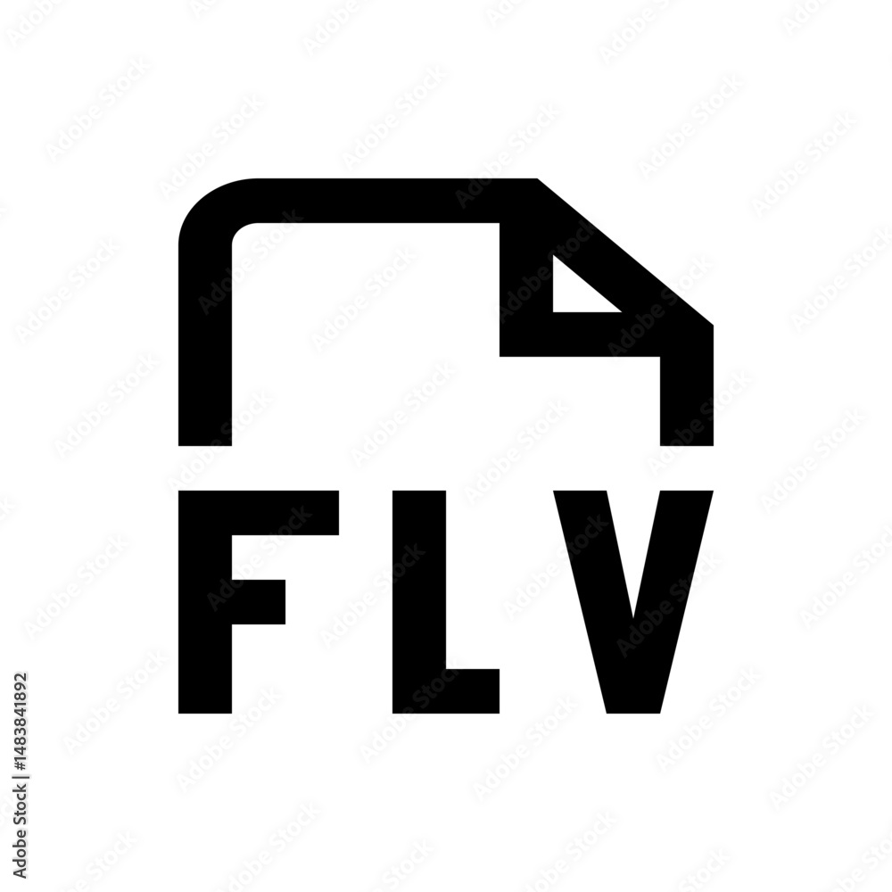 Aufkleber illustration of a flv file document with a folded corner and bold letters in black and white color s