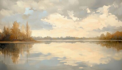 Fototapeta premium A serene landscape featuring a calm lake with reflections of the sky and trees under a cloudy sky