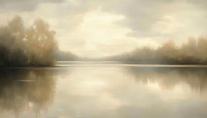 Fototapeta premium A serene lake with misty trees reflecting on calm water under a cloudy sky