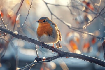 european robin perched on tree branch