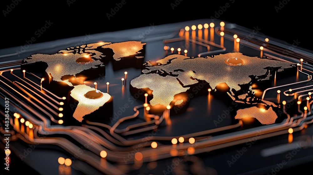 Poster Global Network Illuminated Circuit Board Map
