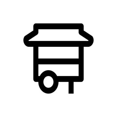 Illustration of a black outline of a market stall with a wheel on a white background in simple style