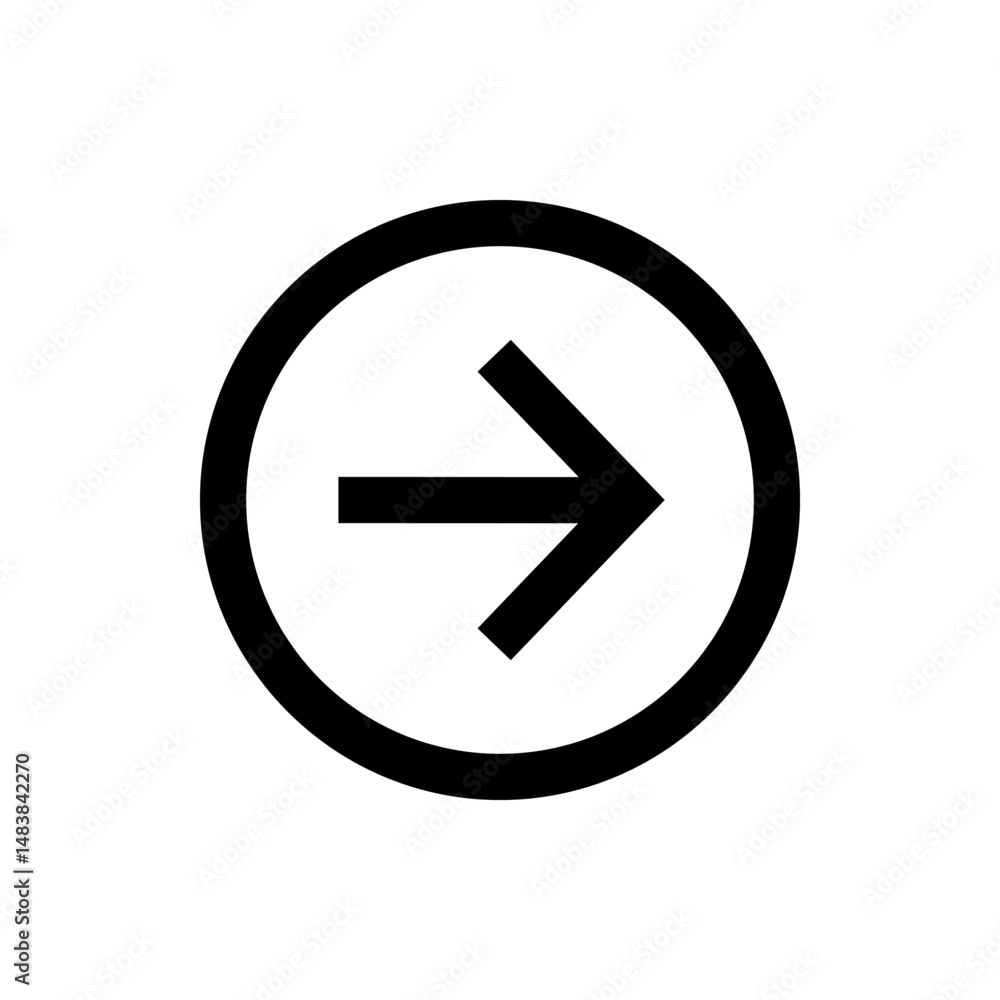 Poster black arrow pointing right enclosed in a black circle on a white background simple graphical represe