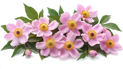 Pink flowers blooming with green leaves on a white surface