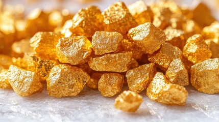 Pile of golden nuggets on marble surface