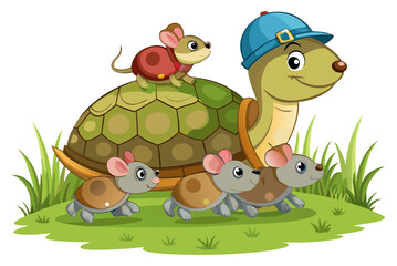 Naklejka premium A smiling turtle wearing a blue cap carries a small mouse on its back, while three other small mice walk alongside it on a green grassy surface.
