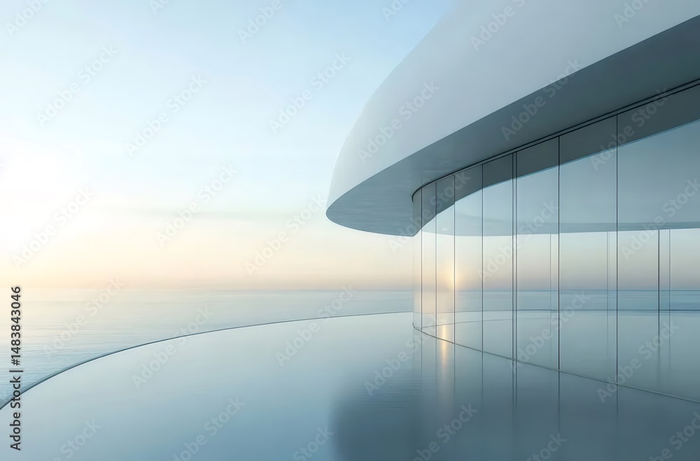 Poster 近代的な白い円形建物と海と空の背景 ミニマリストガラスのアーキテクチャが反射する美しい曲線を描くデザイン