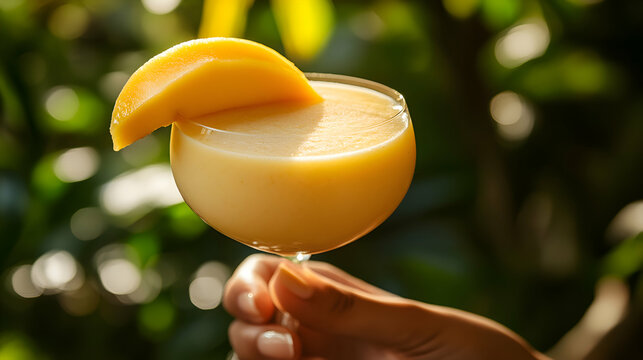 A rich glass of Zumo de Mango, Mango Juice, bright orange and creamy, garnished with a slice of mango