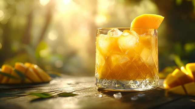 A rich glass of Zumo de Mango, Mango Juice, bright orange and creamy, garnished with a slice of mango