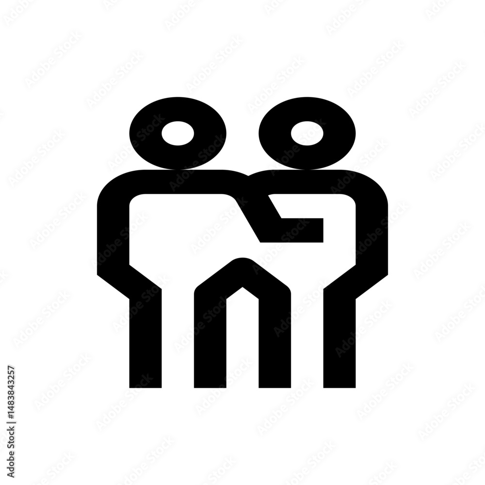Poster illustration of two stylized figures standing side by side with connected arms in a minimalist desig
