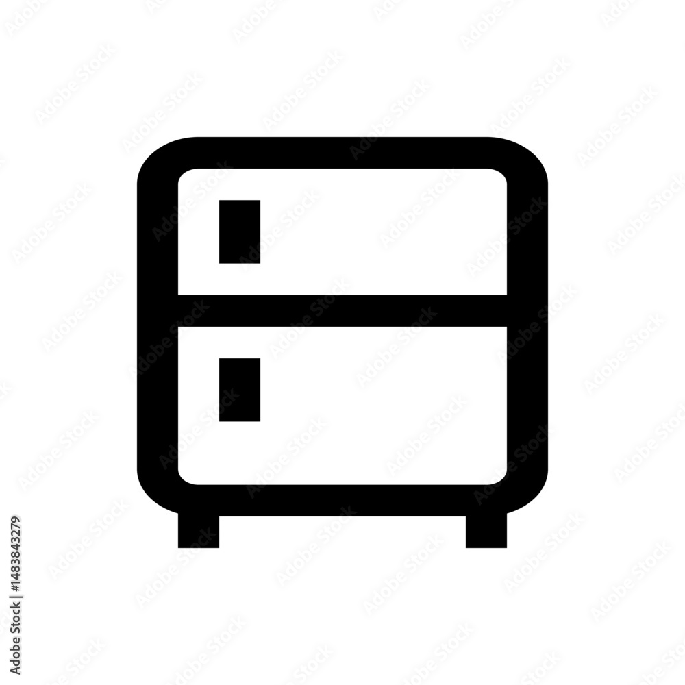 Poster A simple black and white outline of a refrigerator with two compartments and handles on each section visible