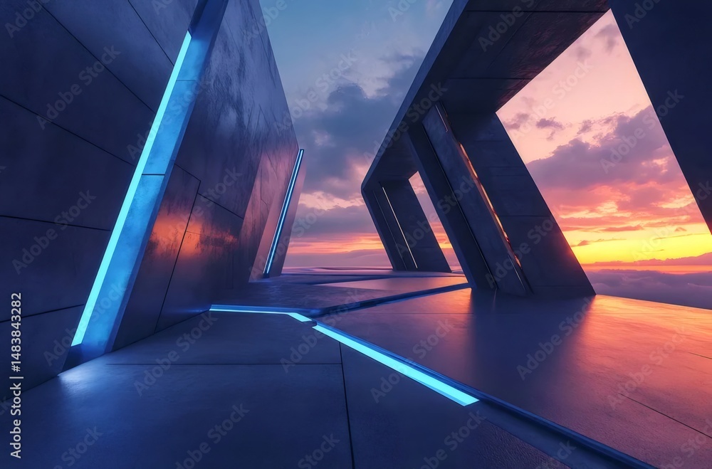 Aufkleber 幾何学的な青い照明と夕焼けの空を持つ未来的な建築構造のパースペクティブビュー