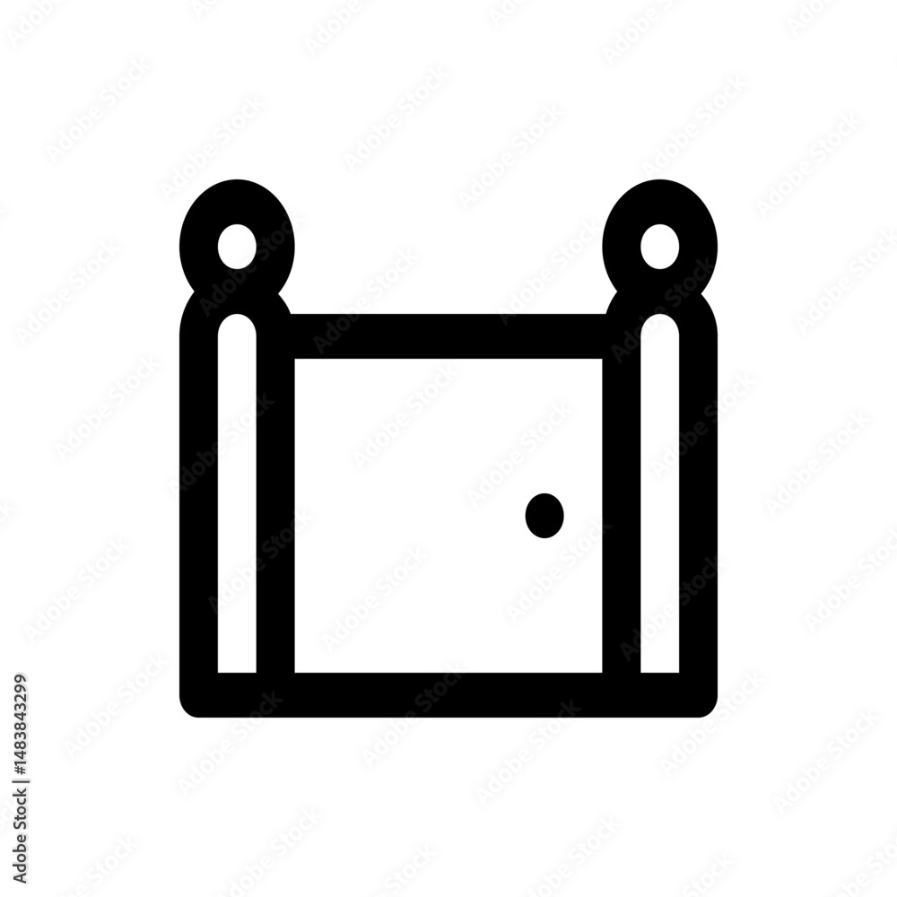 Poster illustration of a simple rectangular shape with rounded corners and two vertical supports and circle