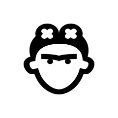 Stylized black and white depiction of a woman's face with flowers in her hair and thick eyebrows