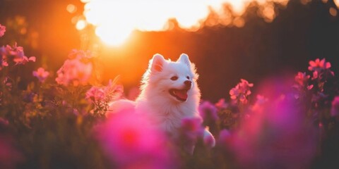 A white dog running through a garden, playful expression, vibrant blooms, soft daylight, lively atmosphere