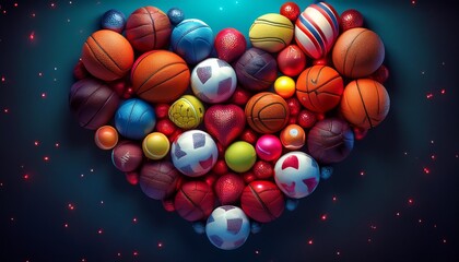 night sports balls heart shape photorealistic stock image