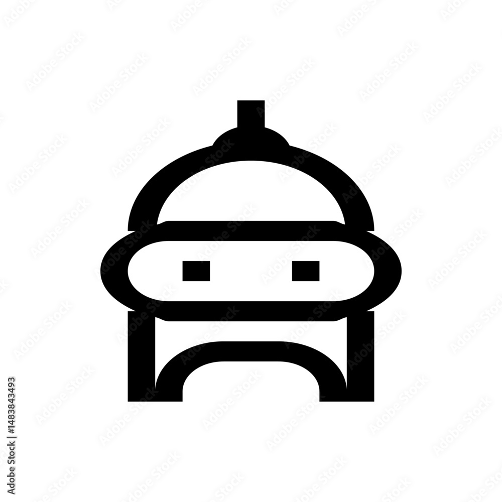 Poster stylized black and white robot head with square eyes and rounded features hanging from a thin line a