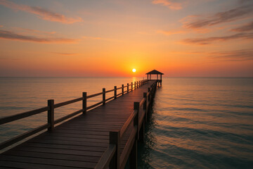 Fototapeta premium Silhouetted figure sits on the dock at sunset.