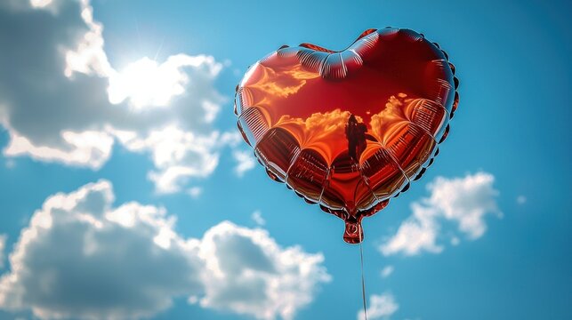 Red heart balloon flies beneath blue sky with white clouds