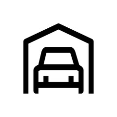 Simple black outline drawing of a car parked inside of a garage with a roof and support beams design