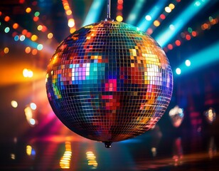 Obraz premium disco ball reflects colorful lights in nightclub mirror sphere illuminates dance floor party atmosphere shiny globe with shimmering reflection for night club dance party events