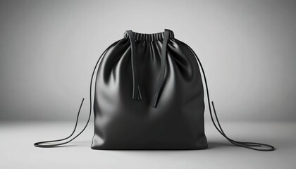 Black Drawstring Bag on Gray Background