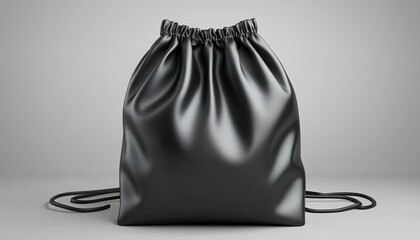 Black Drawstring Backpack on Gray Background