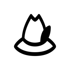 Illustration of a fedora hat with a feather on the side in black outline on a white background image view