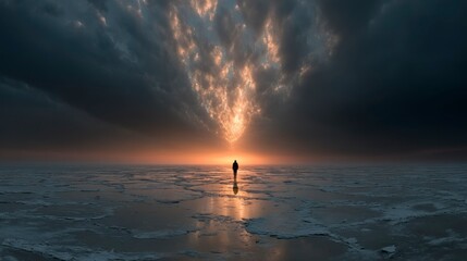 Silhouette of a lone figure walking towards a dramatic sunset over an icy landscape with vibra