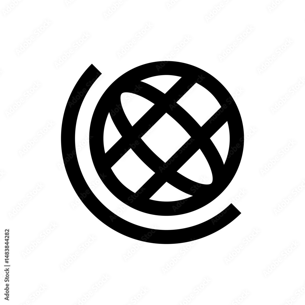 Poster illustration of a globe with latitude and longitude lines and orbital path in black and white color 