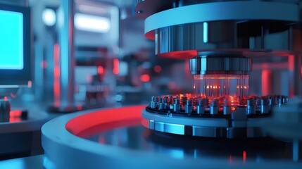 自動化製造装置のクローズアップショット 青と赤の照明と未来的な機械要素を備えた産業機械の抽象的なビュー