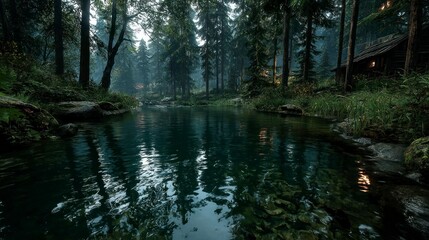Serene Forest Stream with Lush Greenery and Tranquil Waters Ideal for Nature and Relaxation Th