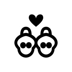 Two stylized skulls connected with a heart above them in a simple black and white vector illustration
