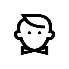 Illustration of a man's face with a bow tie, depicted in a simple, bold line style, isolated on white background
