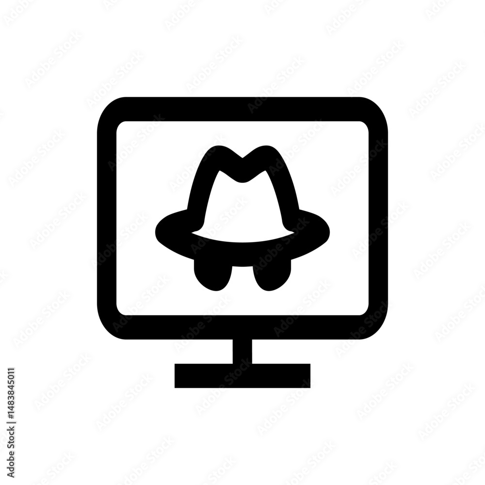 Poster computer screen displaying a spy icon with a hat and glasses in black and white simple representatio