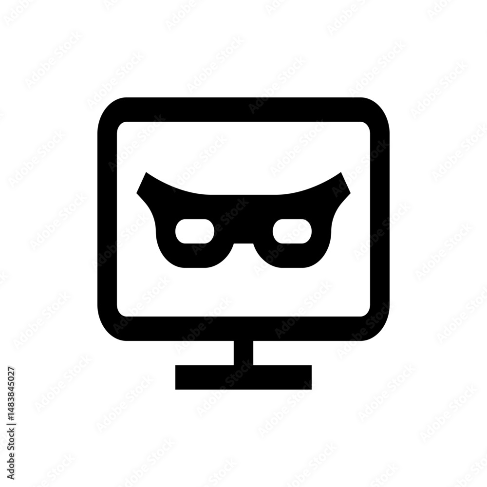 Poster black and white illustration of a computer monitor displaying a mask icon representing cyber securit