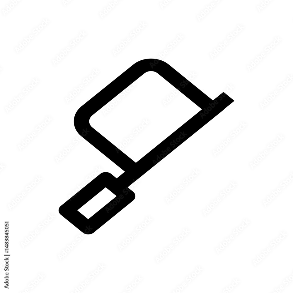 Poster illustration of a black hacksaw with a rectangular handle and a square frame on a white background