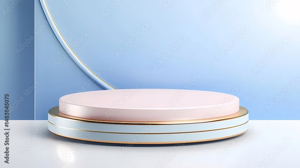 Aufkleber ピンクと青の背景に金のアクセントのある円形プラットフォームの3dレンダリング